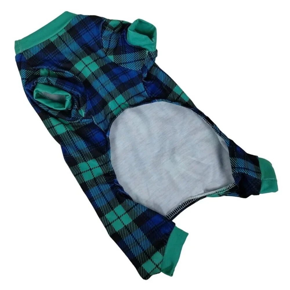 Pet Central Dog Small 10 inch Holiday Pajamas Green and Blue Tartan Plaid